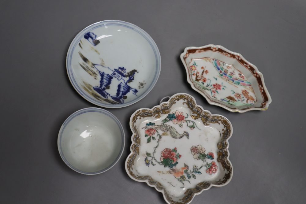 Chinese famille rose teapot stand and a similar spoon, both Yongzheng period and a Nanking cargo tea bowl and saucer, largest 14cm